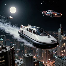 cheap and sturdy hovercraft leaving trails in a Russian cyberpunk slum city called Neo Norilsk on the Moon, at night, diverse, lively, black sky full of stars, blinding sun, sci-fi, lots of flying cars, levitation, cyberpunk outfits, photorealistic, grainy, 35mm, intricate, very very beautiful, elegant, smooth, cinematic, Unreal Engine 5, by Beeple, trending on Artstation HD