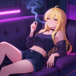 anime girl with blonde hair laying on sofa, smoking, neon lights
