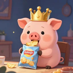 a cartoonish cute anthropomorphic pig wearing a crown is eating from a potato chip snack bag in a beautiful home, magical atmosphere, trending on artstation, 30mm, by Noah Bradley trending on ArtStation, deviantart, high detail, stylized portrait