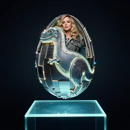 annie liebowitz portrait of a tron dinosaur egg made up of glowing electric plates. egg hovers slightly above on a glowing glass pedestal. cinestill