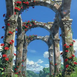broken arches leading to the pillars of eternity draped with red flowers and vines, blue sky, lens flare, a sense of mystery, movie poster, matte painting by Makoto Shinkai and Thomas Kinkade, 8K
