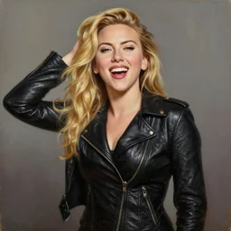 a very beautiful oil painting of scarlett johansson wearing a tight black leather jacket with long blond hair. she is feeling much amusement, much joy and much fun, very aesthetic and attractive, portrait, trending on artstation, very very happy scarlett johansson