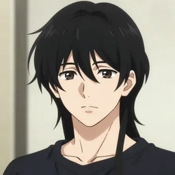 young adult, male, medium length black hair, brown eyes, pale skin, anime style