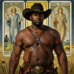 a beautiful dramatic epic painting of a thicc handsome black man | he is shirtless and wearing a cowboy hat and covered in leather straps | prairie setting | tarot card, art deco, art nouveau, homoerotic, highly detailed, dramatic lighting, oil painting | by Mark Maggiori, by William Herbert Dunton, by Charles Marion Russell | trending on artstation