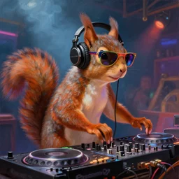 low angle photo of a squirrel dj wearing on - ear headphones and colored sunglasses, stadning at a dj table playing techno music at a dance club, hyperrealistic, highly detailed, intricate, smoke, colored lights, concept art, digital art, oil painting, character design by charlie bowater, ross tran, artgerm, makoto shinkai, wlop