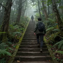the journey of life, each stage is a step in a stairway, detailed, 4 k, octane, a person walking up a set of stairs in the woods, a detailed matte painting by huang ding, cgsociety, fantasy art, mystical, made of mist, matte painting