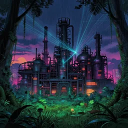 industrial architecture by thomas cole, retro myst darkacademia retrowave studio ghibli laser magic realism cyberpunk tokyo at night nature neon noir at dusk meadow lightpaint rainforest vaporwave sunlight, archdaily, wallpaper, highly detailed, trending on artstation.