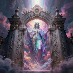 [ palate ] [ nebulous energy ] [ muted neon colors ] intricate giant victorian gateway to purgatory, paisley cloud pattern, god at the gate, award winning composition, vibrant neon nebulous clouds, symmetrical details, hyper realistic illustration, radiant light rays, photorealistic illustration, intricate and fine details, volumetric lighting, artstation