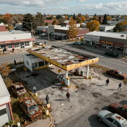 top down aerial view of dilapidated gas - station with supermarket and shopping street in real life, desolate with zombies, dilapidated, zombies in the streets, nightmarish, some rusted style parked vehicles, sunny weather, few clouds, volumetric lighting, photorealistic, daytime, autumn, sharp focus, ultra detailed, cgsociety