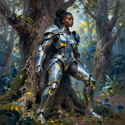 hyperrealistic deconstructed super expressive! black woman with exoskeleton armor, merging with tree in a forest, highly detailed digital painting masterpiece smooth brad kunkle hannah yata dramatic pearlescent blue yellow light ground angle hd 8k sharp focus