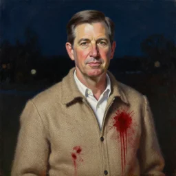 portrait of ted cruz wearing burlap bloodsplattered as the zodiac killer at night, an oil painting by ross tran and thomas kincade
