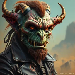 an apocalyptic scifi orcish goblin biker character, professional photo, psychedelic vibrant colors, futuristic punk rock fashion, highly detailed oil painting by michael whelan art, perfect face, sharp focus, detailed eyes, realistic, leather jacket, 8 k, michael whelan art