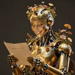 a beautiful intricate fine art portrait photo of a happy mechanical futuristic cybernetic cyborg reading a letter, by tom bagshaw and zach sutton, eyes light up, perfection!, studio lighting, golden ratio composition, 3 5 mm lens, bionic robot overgrown with flowers, cybernetic scifi, deep depth of field, artstation, 8 k