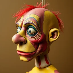 colored puppet head character study of hand made puppet of todd solondz, material puppet, vivid colors, storyboard, dramatic and emotional, concept design, realistic. by neil hughes, sarah webb, katie boyce, francis bacon. cinematic atmosphere, detailed and intricate, perfect anatomy