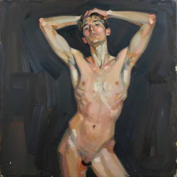 closeup, very few thick long paint brush strokes, abstract outline, the physique of one!!! very thin athletic man posing dramatically, closeup, matte colors, dark abstract background, abstract painting trending on artstation