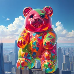 hyperdetailed painting of an oversized colorful translucent gummy bear towering over the city, highly detailed, photorealistic