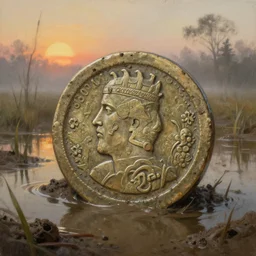 a detailed and accurate zoomed in image masterpiece painting of a incan coin in muddy water in a swamp, foggy sunset, by tyler edlin, noah bradley, john j. park, jordan grimmer trending on artstation
