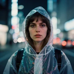 A frontal face close up photography of Caucasian woman wearing a transparent raincoat with hoodie on by Oleg Oprisco. Aesthetic Tokyo Retro. cyberpunk city night photography city. close up. kodak ektar film. Depth of field. whirl bokeh. detailed. hq. realistic. Moody. Filmic. lens flare. Leica M9, f/1.2, symmetrical balance, in-frame