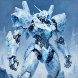 an intricate oil painting of a giant pristine icey blue metal anime humanoid mecha with rounded components by simon stalenhag, inspired by nier : automata, icey tundra background