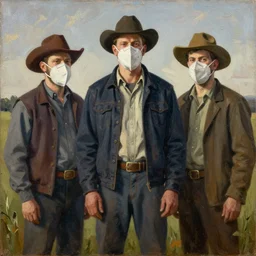 oil on beaverboard, by grant wood in the style of american gothic, farmers wearing ffp 2 masks, painting, social realism, 1 9 3 0, modern art
