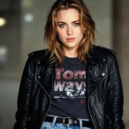 headshot of young winona ryder, wearing a black bleather jacket, tom waits t - shirt and blue jeans with a belt, photoshoot in the style of annie leibovitz, soft focus, bokeh