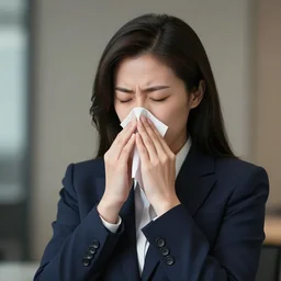 epic professional digital portrait art of Asian female lawyer with a cold blowing her nose, best on artstation, cgsociety, wlop, Behance, pixiv, astonishing, impressive, outstanding, epic, cinematic, stunning, gorgeous, much detail, much wow,, masterpiece.