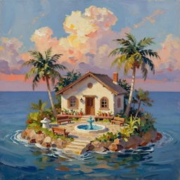 in a sea is a tiny island with a cute cozy cottage with a terrace, a paved garden courtyard with benches and a fountain, palm trees, sunset, puffy clouds, dramatic and dynamic lighting, thick brush strokes oil impasto painting