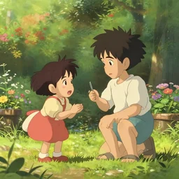 a wholesome cottagecore illustration of a young kid with an imaginary friend playing in the backyard, studio Ghibli, Pixar and Disney animation, sharp, Rendered in Unreal Engine 5, anime key art by Greg Rutkowski, Bloom, dramatic lighting, sunny day