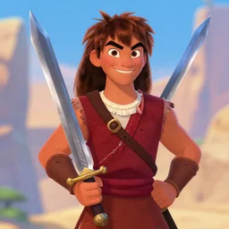 portrait of teenage conan the barbarian, smiling arrogantly. large sword. animated feature. 3 d pixar and disney!! in the style of disney pixar, moana, brave, the good dinosaur.
