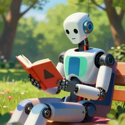 A robot reading a book in a park, sunny day, colorful, in the style of Umberto Boccioni