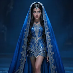 beautiful persian woman behind a blue veil, symmetrical, short dress, glowing eyes, intricate details, full body, detailed face, ultradetailed, 8 k, epic atmosphere, digital art by simon cowell and moebius