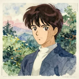vintage 7 0 s anime watercolor, a portrait of a man enshrouded in an impressionist watercolor representation of mother nature and the meaning of life by william holman hunt, art by quinglu shanshui and mati klarwein, thick watercolor brush strokes, portrait painting by daniel garber, by wlop, by james jean, vintage postcard illustration
