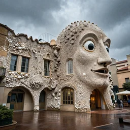 a museum in the style of antonio gaudi and salvador dali, made of seashells, in a dark and rainy day