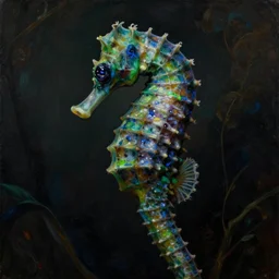 a dark baroque neoclassicist close - up portrait of a seahorse with big eyes, deep dark green and blue colors, highly detailed painting. rich colors, high contrast, moody atmosphere, dark organic background