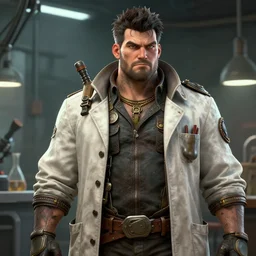A ruggedly handsome male dieselpunk scientist with a dad bod in a lab coat, stubble, visualartzi, dieselpunk, anime, concept art by Karla Ortiz, James Paick, Charlie Bowater, Krenz Cushart, highly detailed, ultra detailed, ultra realistic, trending on artstation, cgstudio