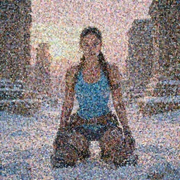 epic portrait of  muscled Mila Kunis as Lara Croft kneeling in deep snow, ancient ruins, blue hue prism, sun rays through snow, pink golden hour, wind swept snow, intricate, highly detailed, shallow depth of field, epic vista, Ralph Horsley, Daniel F. Gerhartz, Artgerm, Boris Villajo, Lilia Alvarado