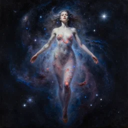 a giant woman floating among the stars. she is made of galaxies and nebula and a million sparkling stars. dramatic light and dark. beautiful well composed painting with detailed face by ilya kuvshinov and artgerm and greg rutkowski and rhads
