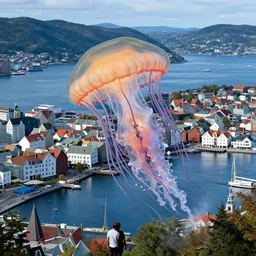 a huge jellyfish attacks bergen attacks civilians of the norwegian city bergen, realistic, hdr, clear image, hdd, rtx on, dynamic lighting,