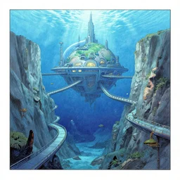 a beautiful illustration of a futuristic underwater city of walkways on an ocean canyon world by Ralph McQuarrie| sparth:.2 | Time white:.4 | Rodney Mathews:.2 | Graphic Novel, Visual Novel, Colored Pencil, Comic Book:.2