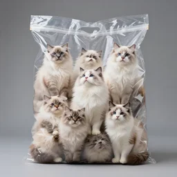 a highly detailed photo of a big transparent bag full of furry cats, gray background, studio lighting, 4 k, 8 k
