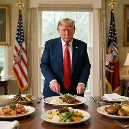 wide shot photoshoot of donald trump preparing a meal, 8 k, photorealistic