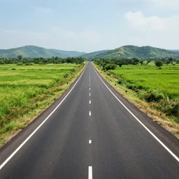 a desolate paved highway in assam with green fields to one side and hills on the other side, 1 4 mm eye level ground level view, 3 d render, low angle perspective, evermotion archexteriors, 3 ds max, v - ray, ray traced, high resolution hdri environment by vue, unreal engine, cinema 4 d, perspective, diorama, perfectly centered and sharp focus, rich vibrant detailed texture design architecture, cinematic bright natural ambient light + archviz + octane render + realistic photography + artstation