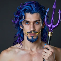 Daario is lithe and smooth skinned with bright, deep blue eyes which can appear almost purple. His curly hair reaches his collar, and he keeps his beard cut in three prongs. Daario dyes his hair and trident beard, in blue and other times in deep purple. His fingernails are also enameled blue. His mustachios are painted gold, and he has a large, curving nose. A golden tooth gleams in in his mouth.