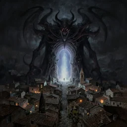 a demonic magical ethereal portal!!! to hell. opening in a small medieval mediterranean town. dark matte painting by marc simonetti