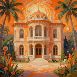 dreamlike VILLA D'ESTE GARDENS fantasycore, glossy painting, Art Nouveau Cosmic 4k Detailed Matte Illustration featured on Getty Images ,CGSociety, Jade and Carrot orange color scheme, Pastiche by Marc Simonetti, Pastiche by Cedric Peyravernay
