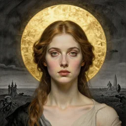 Woman masterpiece, golden halo around the head, by Edgar Maxence and Ross Tran, Zdzisław Beksiński, and Michael Whelan, distant, gustav dore, H.R. Giger, 8k, octane render