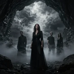 epic portrait cinematic shot an female standing in a cave of an giant, cloudy, foggy, storm, night setting. realistic shaded lighting poster by craig mullism, jeremy lipkin and michael garmash, radiant light, detailed and intricate environment, digital art, trending on art station kvlt by peder balke by guido crepax by norman bluhm mystic high contrast monochromatic noir