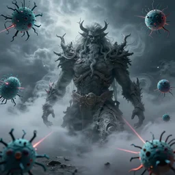 visually stunning, cinematic, ultra realistic, hyper realism, 1 2 k, epic, octane render, unreal engine, vfx, maya, cyberpunk brackets : laser cut paper microbes, storm god : mist of swirling clouds, by nadezda and david stoupakis