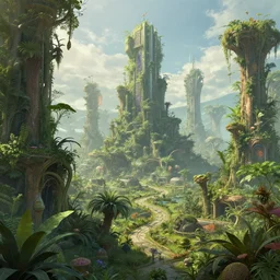 digital art of a futuristic solarpunk city where humanity has gone long extinct thousands of years ago and all plant life has taken over, concept art, ultra detail, fantasy, plants, 4 k