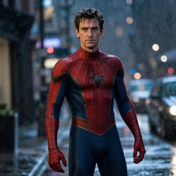 photograph of andrew garfield spider - man, cinematic, photorealistic, city, night, rain